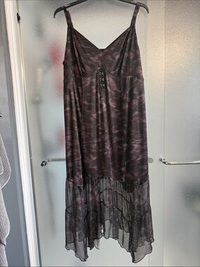 Women's High-Low Slip Dress in Deep Plum and Black Mesh